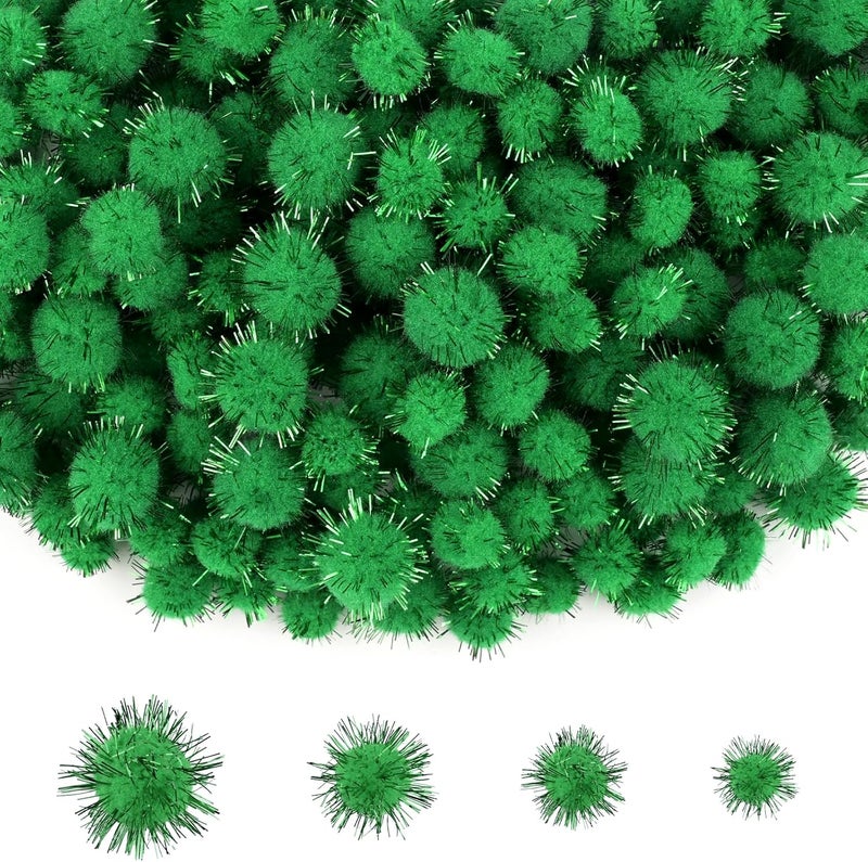 NACHLYNN 1000 Glitter Pom Poms Bulk 4 Sizes Assorted Soft Fluffy Pom Poms for Crafts DlY Decorations Activities with A Storage Bag (Green) - Image 1